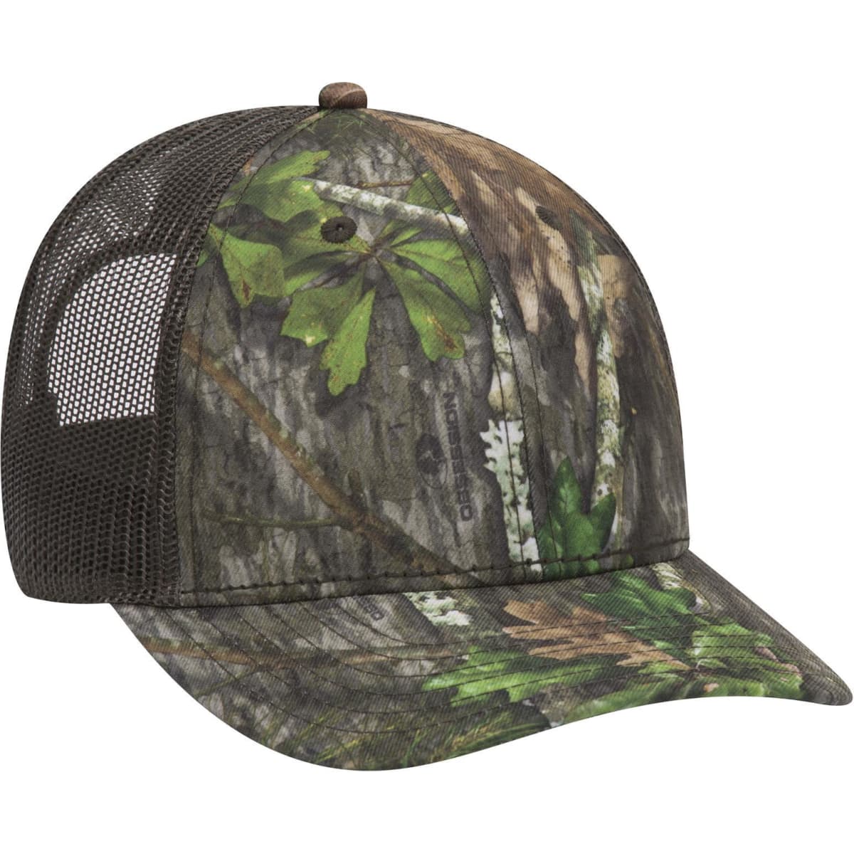 A camo-patterned six-panel low-profile baseball cap with a mesh back in various shades of green and brown.