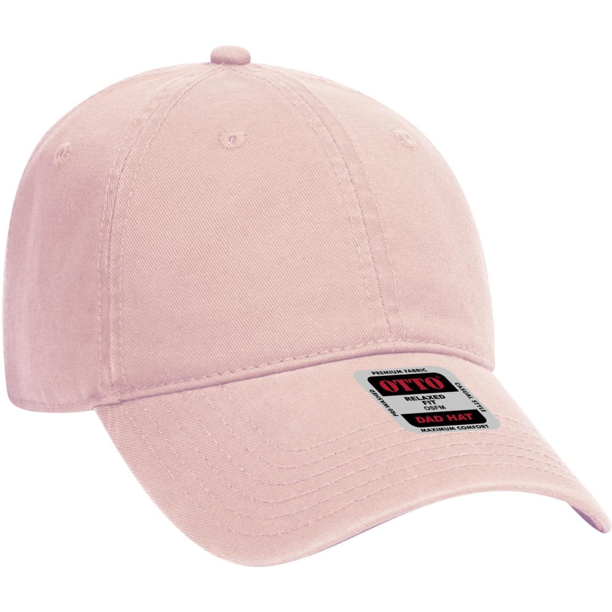 A pink 6 panel low profile dad cap featuring a logo. The cap has a curved brim and adjustable strap at the back.