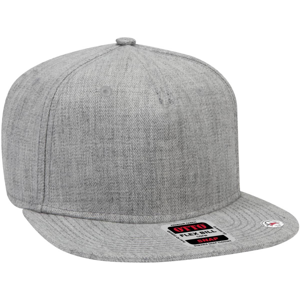 A grey snapback cap featuring a flat brim and a textured fabric. It includes a logo on the front.