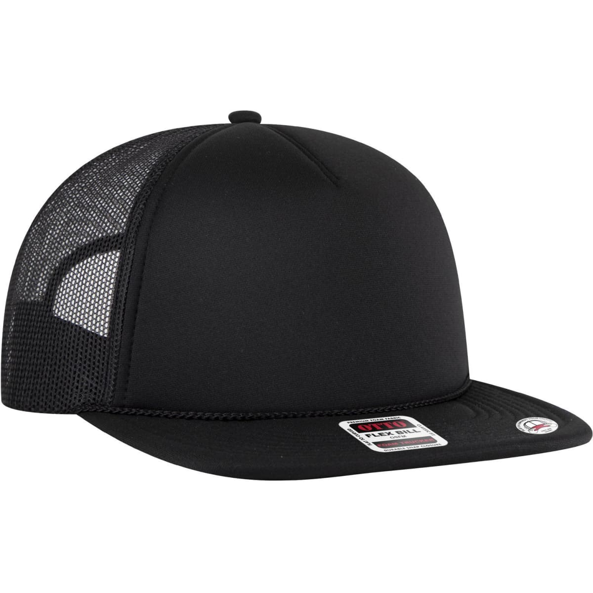 A black 5 panel style trucker cap with a mesh back and a branded tag on the side.
