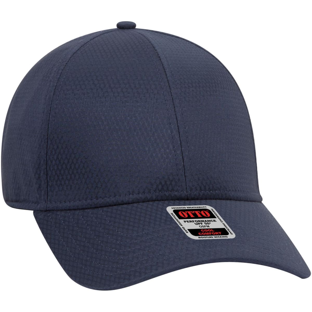 A navy blue 6 panel low profile baseball cap with a textured fabric and a logo on the side.