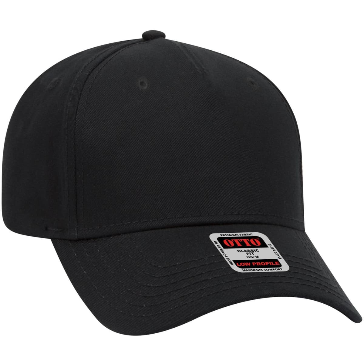 A black 5 panel low profile baseball cap featuring a logo on the front.