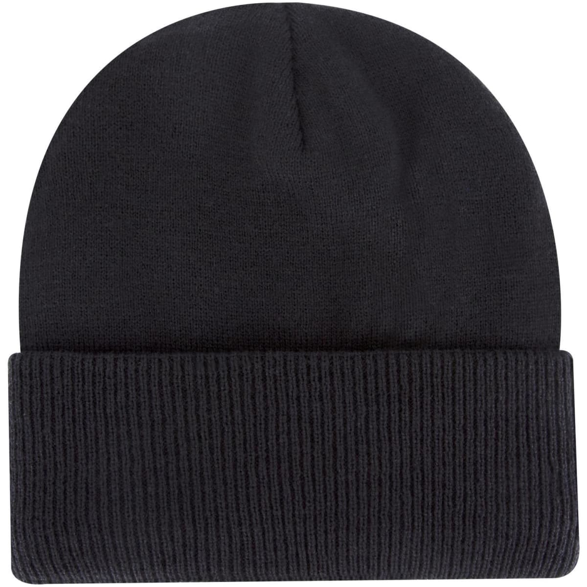 A black classic knit beanie with a folded ribbed cuff, featuring a logo on the side.