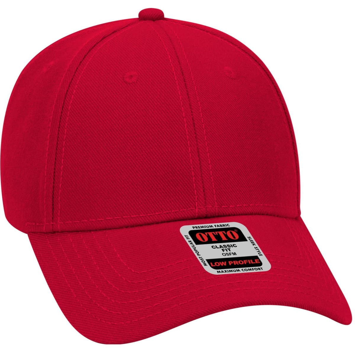 A red low profile baseball cap with a round top and a logo on the front.