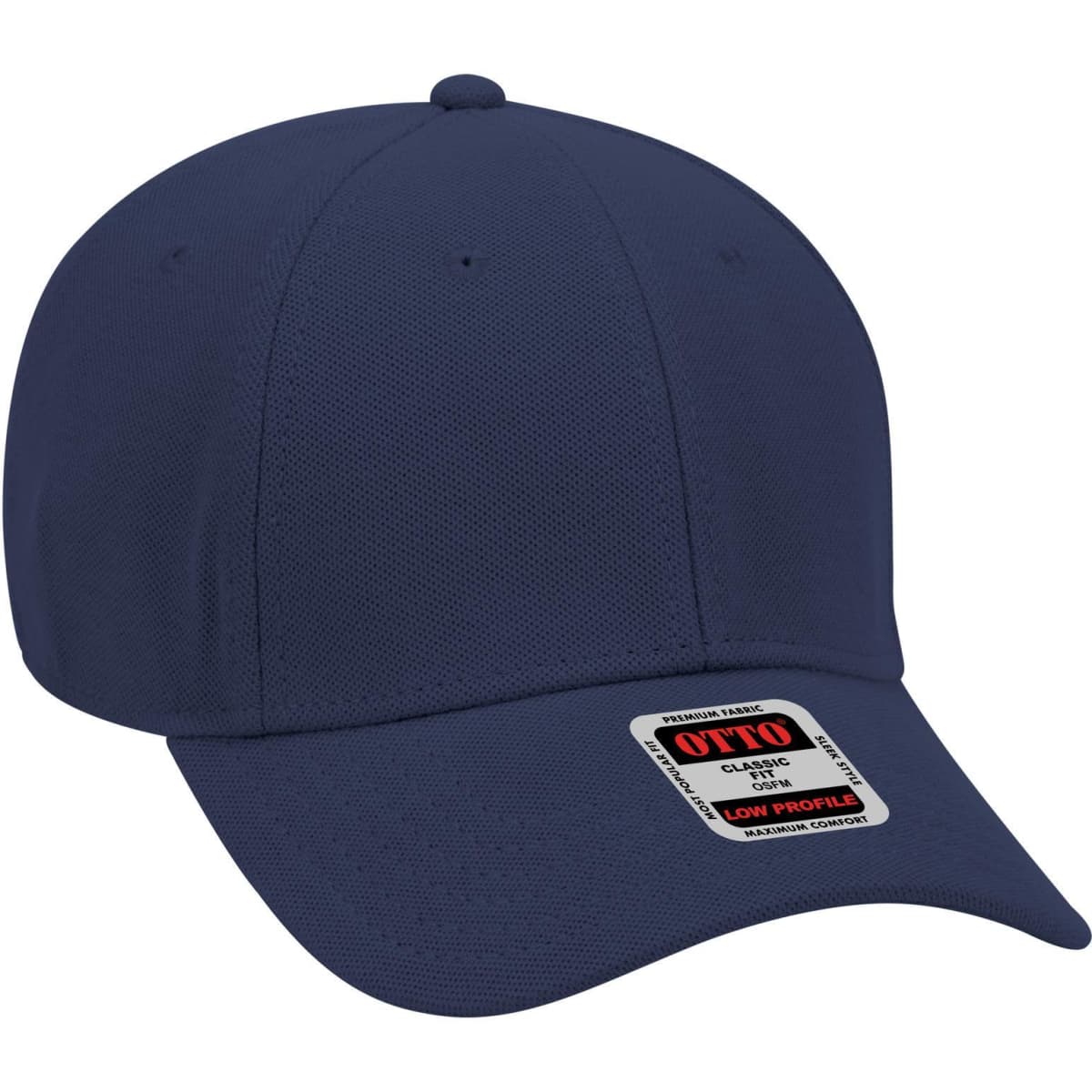 A navy blue 6 panel low profile baseball cap with a logo on the front.