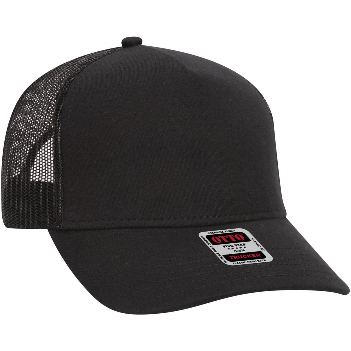 A black 5 panel mid profile trucker cap with mesh sides and a logo label on the front.