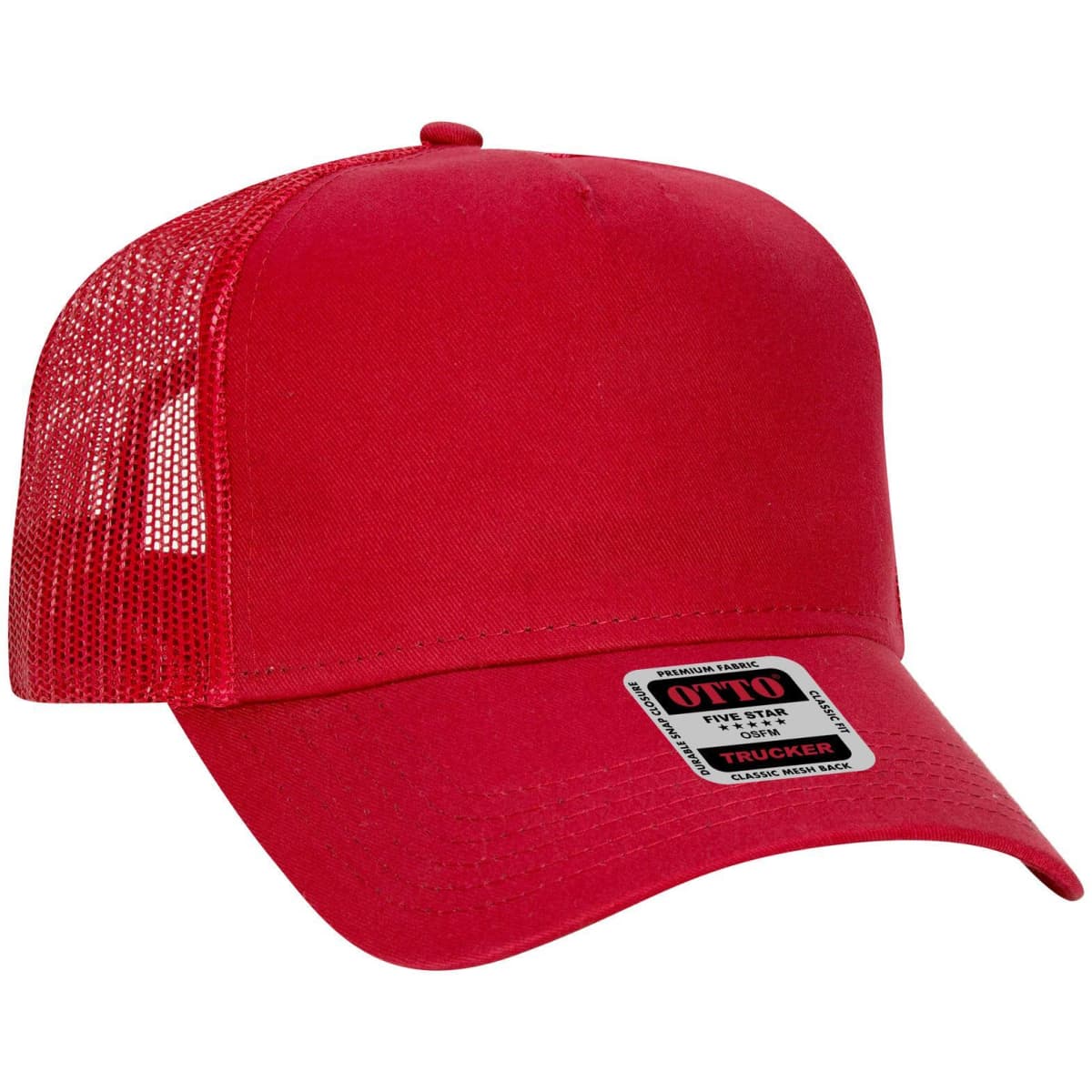 A red 5 panel low profile trucker cap with a mesh back and a logo on the front.