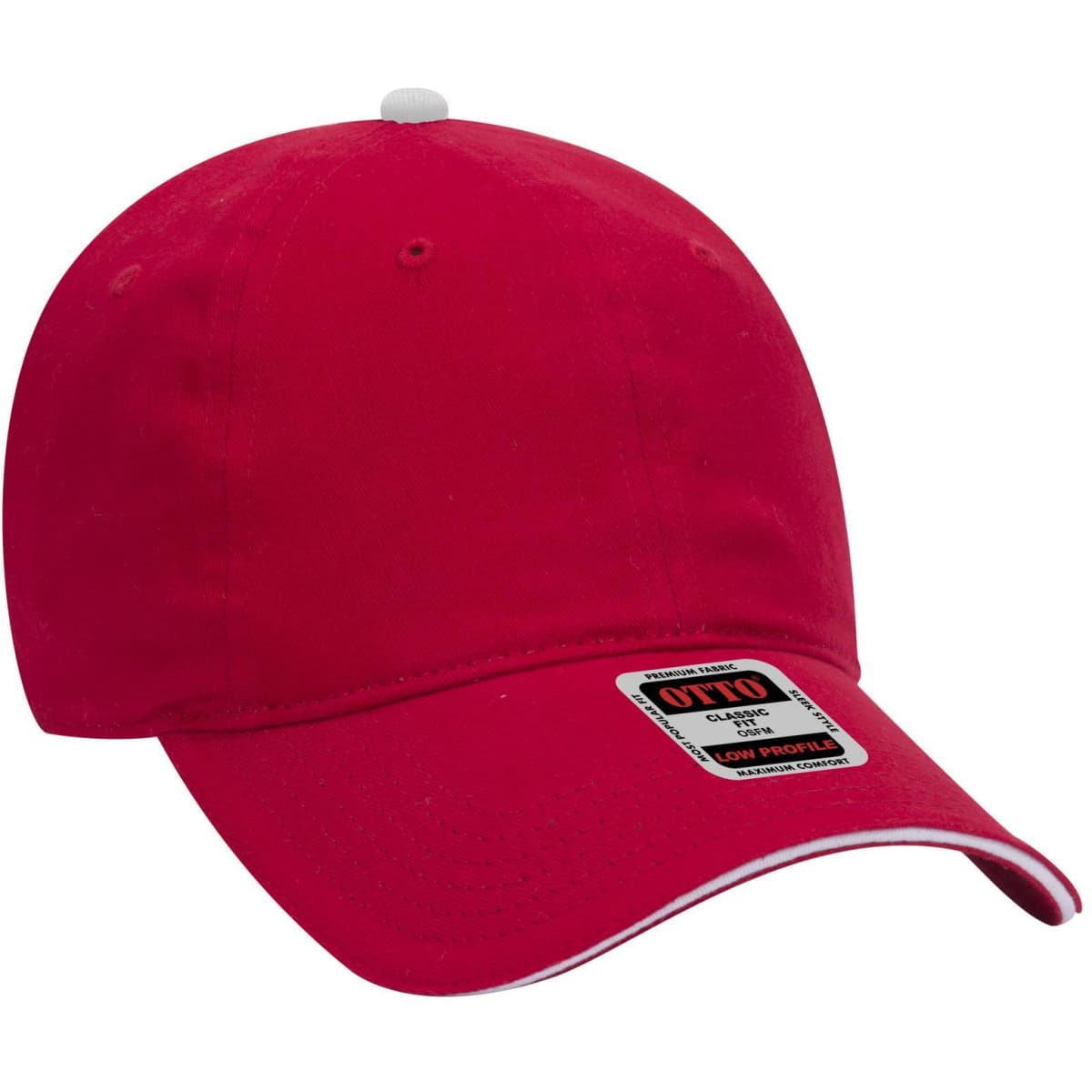 A red 6-panel low profile baseball cap with a white trim and a logo on the front.