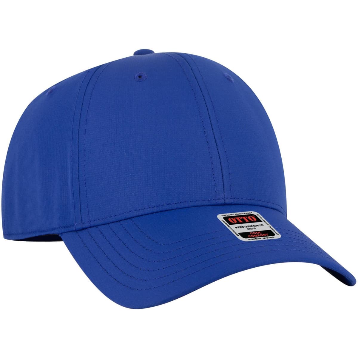 A blue six-panel low profile style baseball cap with a logo on the front.