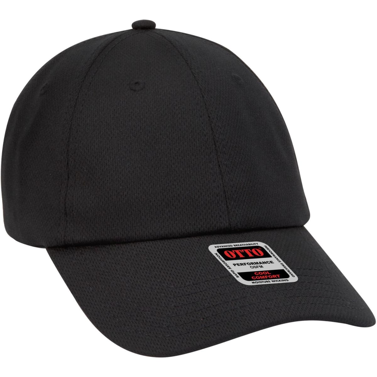 A black 6 panel low profile baseball cap with a logo on the front.
