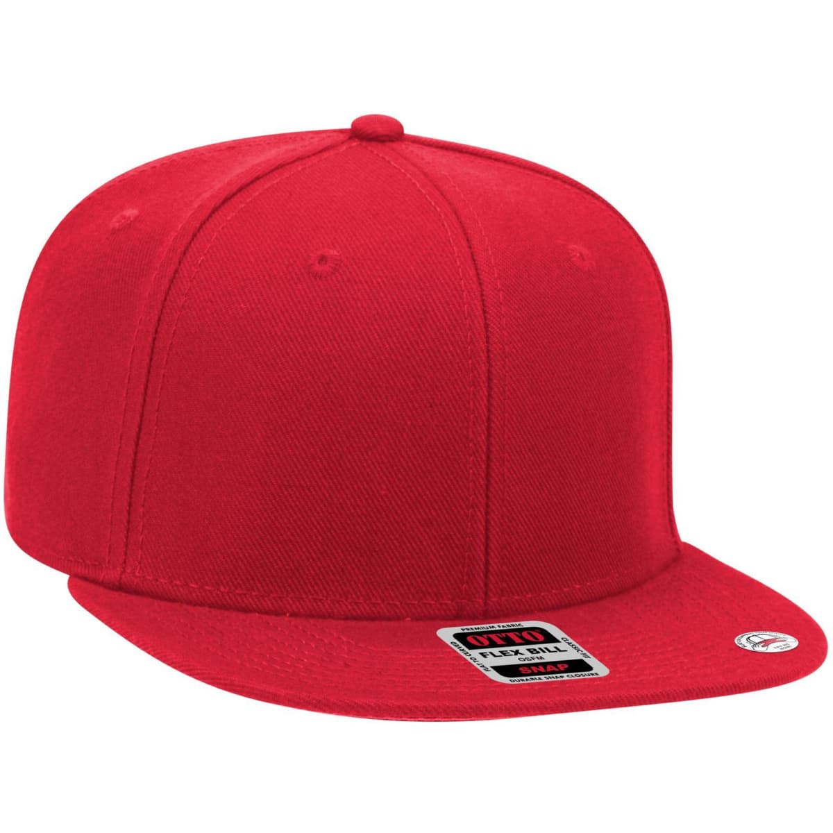 A red 6 panel mid-profile snapback cap with a flat brim and a logo on the side.