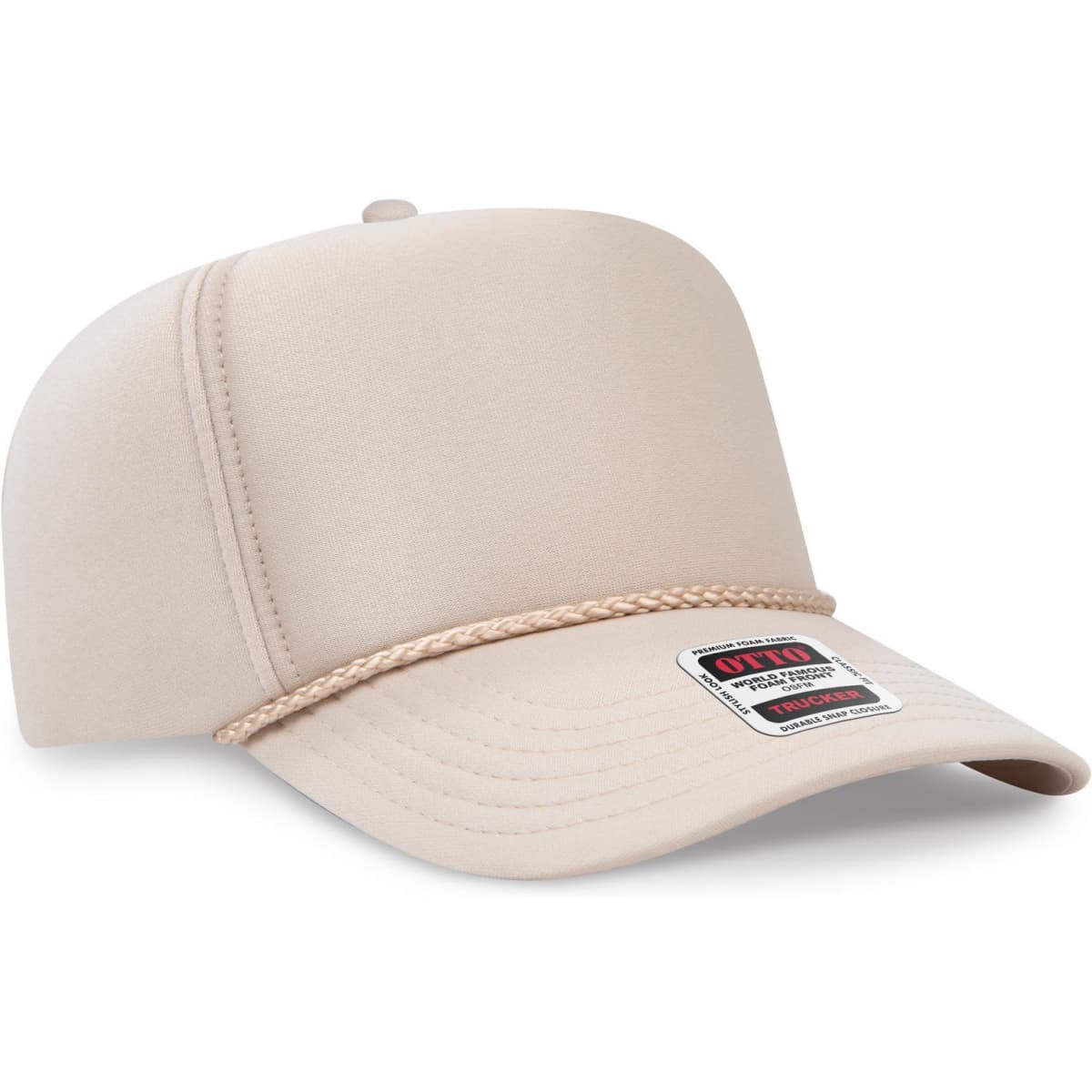 A beige 5 panel high crown full foam cap featuring a logo and a decorative rope detail on the front.