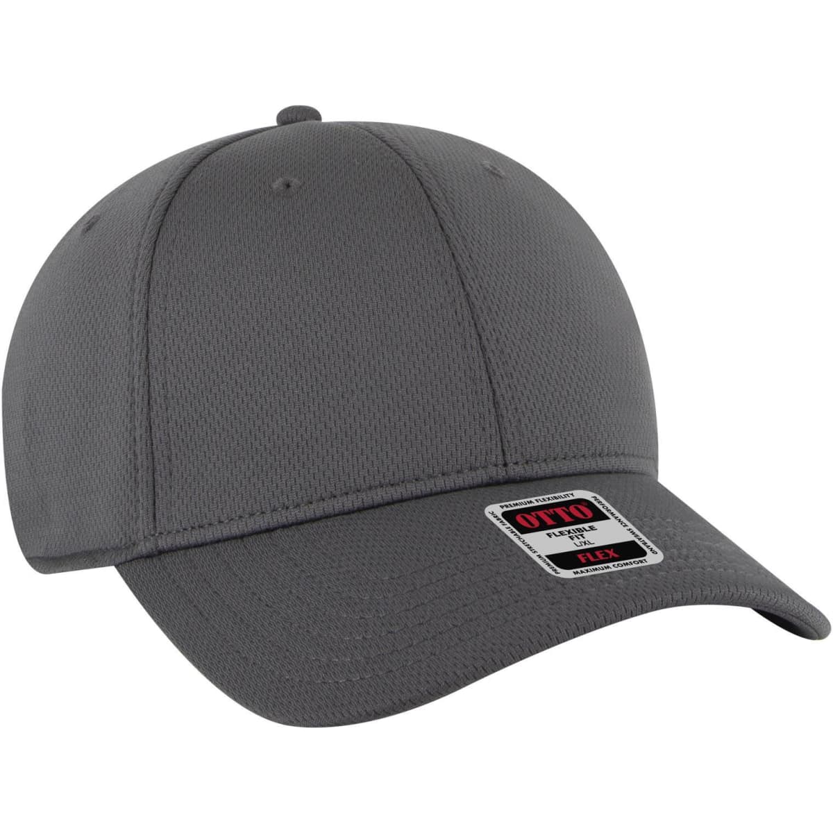 A grey 6 panel low profile baseball cap with a logo on the front and a curved brim.