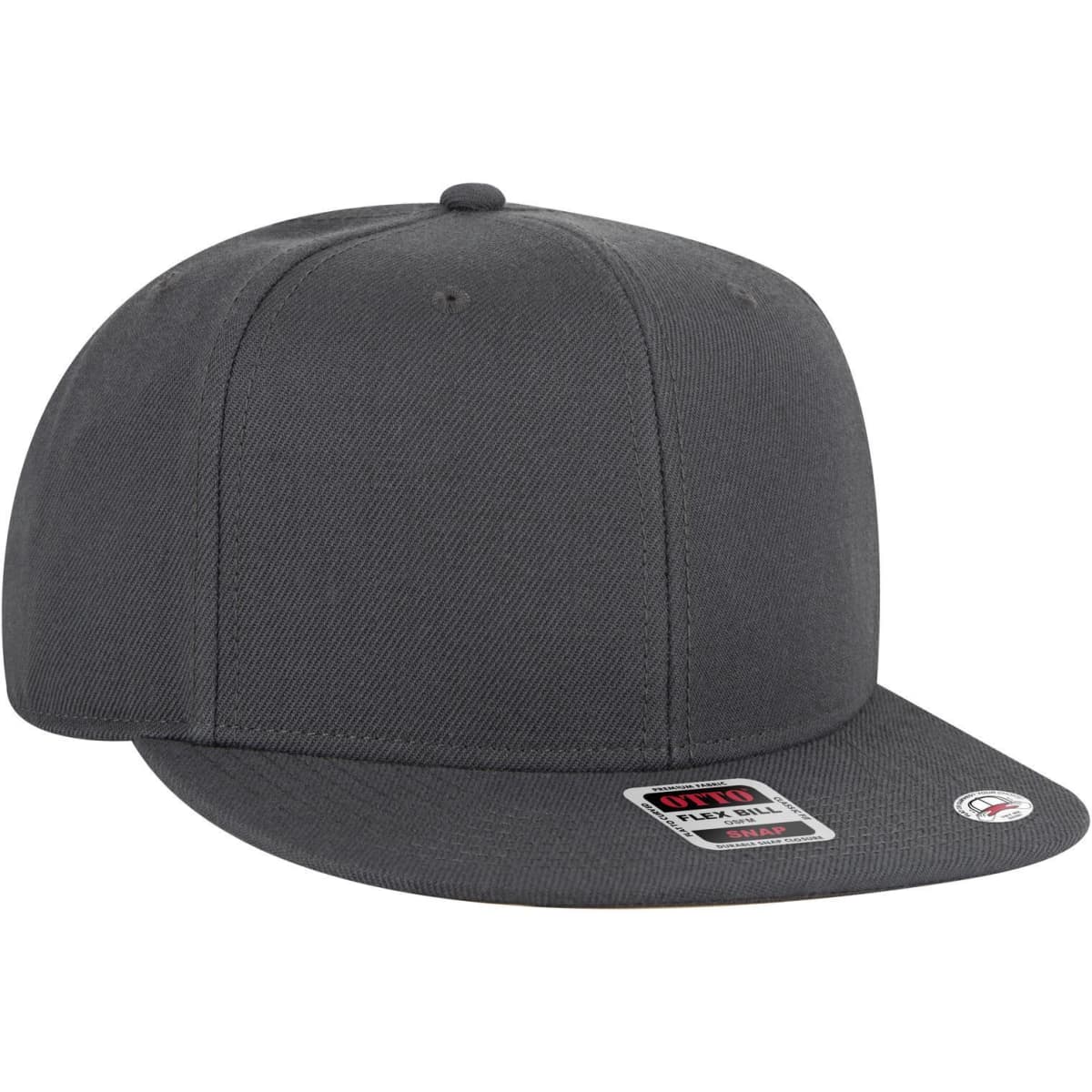 A grey 6 panel mid profile snapback cap featuring a structured design and a flat visor. It includes a logo.
