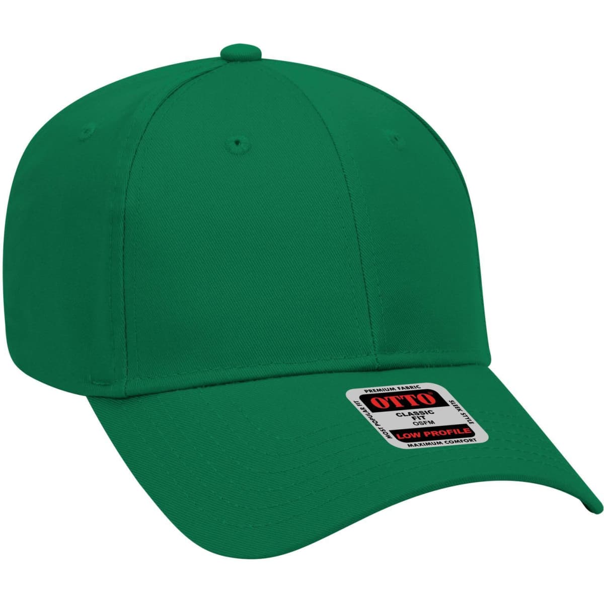 A green 6 panel low profile baseball cap with a logo on the front and a curved brim.