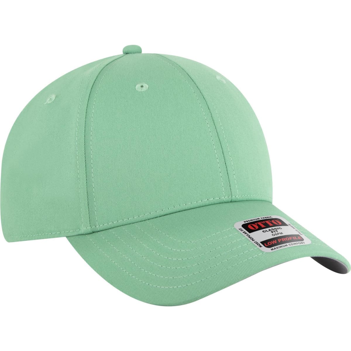 A mint green 6 panel low profile baseball cap with stitching details and a logo.