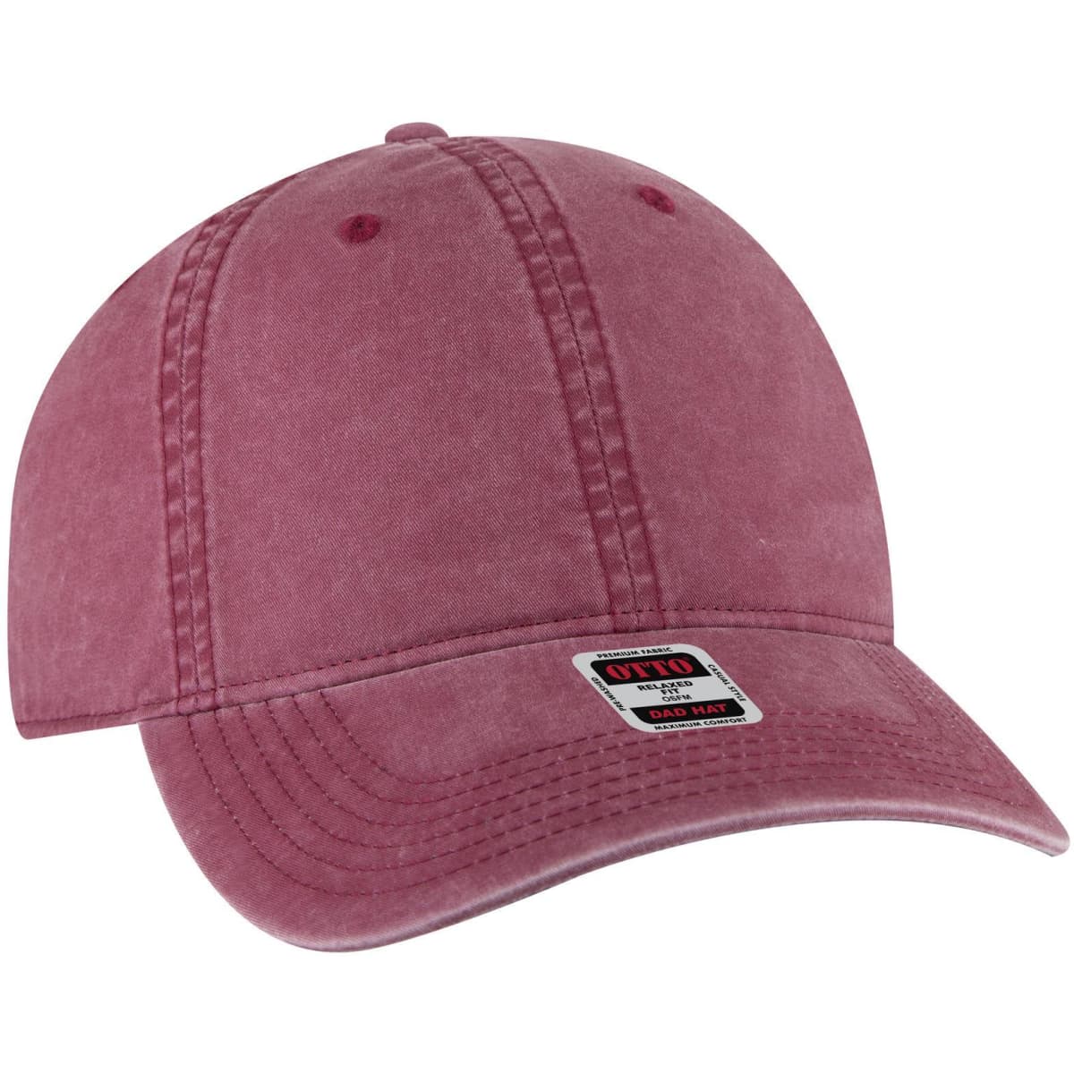 A pink 6-panel low profile dad cap with stitching details and a logo on the front.
