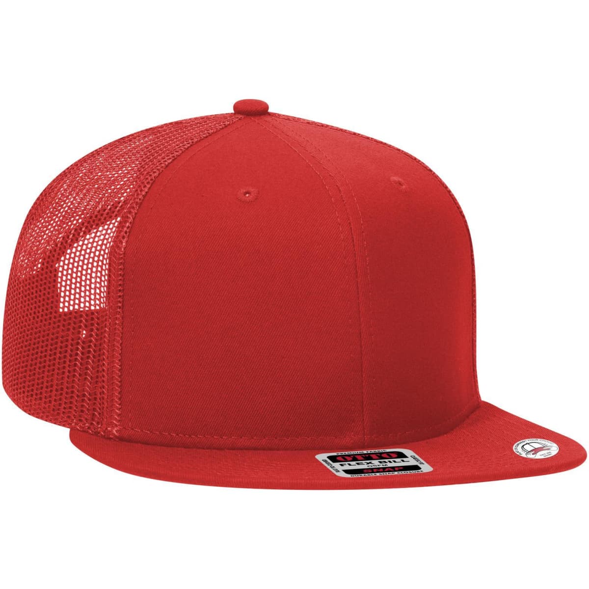 A red 6 panel mid profile trucker cap with a solid front and mesh back, featuring a logo on the side.