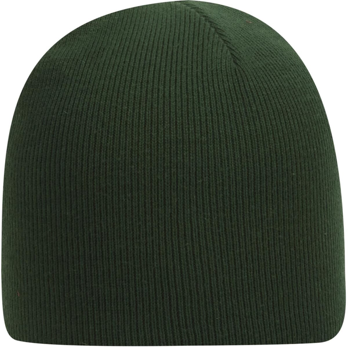 A classic knit beanie in a dark green colour, featuring a ribbed texture and a logo.