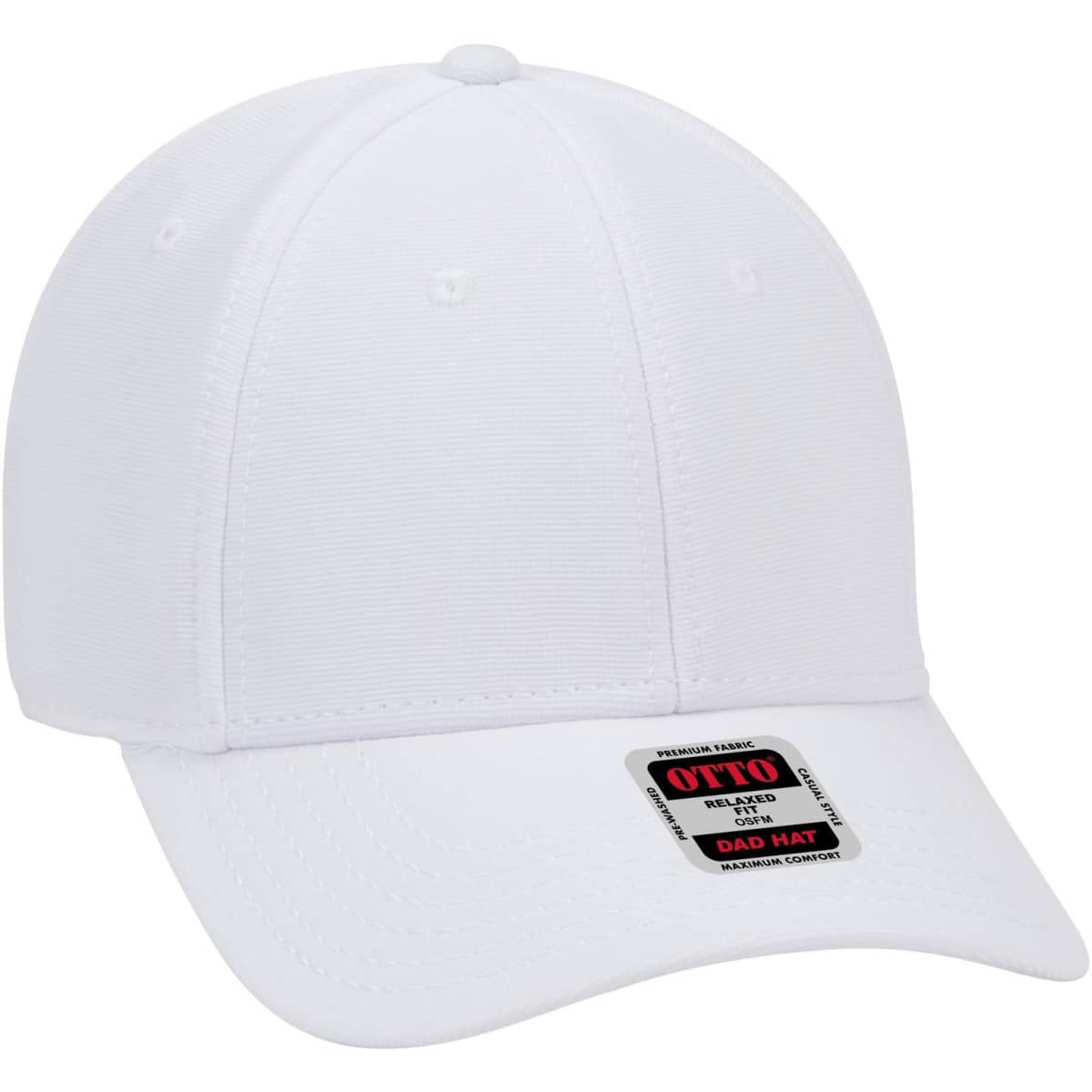 A white 6 panel low profile baseball cap with a branded label on the front.