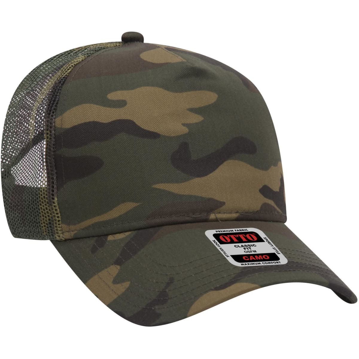 A camo-patterned 5 panel mid crown trucker cap with a mesh back and a branded label.