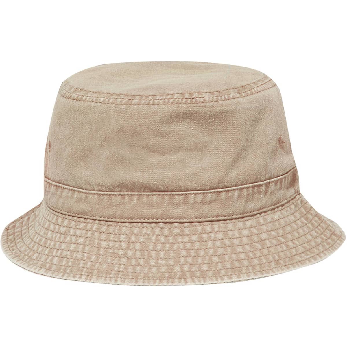 A beige bucket hat with a soft texture and a white interior band, featuring a logo on the side.