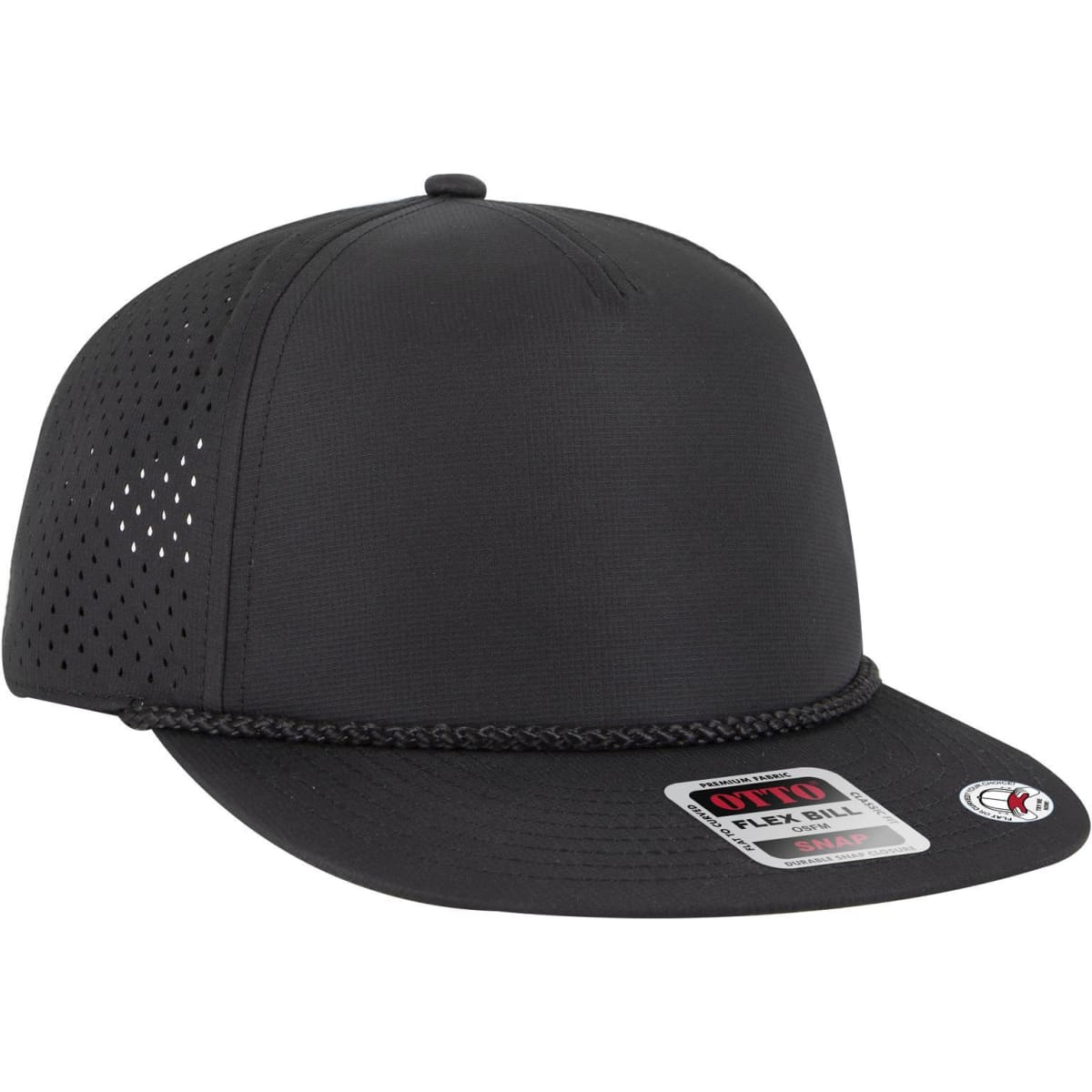 A black 5 Panel Pro Style Snapback Hat with ventilation holes and a decorative chain around the brim, featuring a logo.