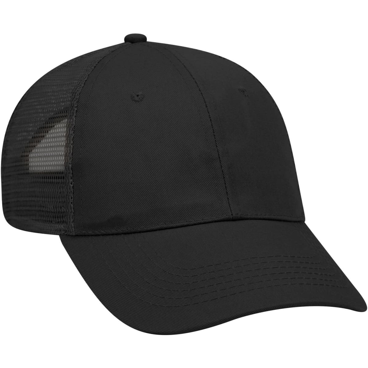 A black 6 panel low profile trucker cap with a solid front and mesh sides. It features a logo on the front.