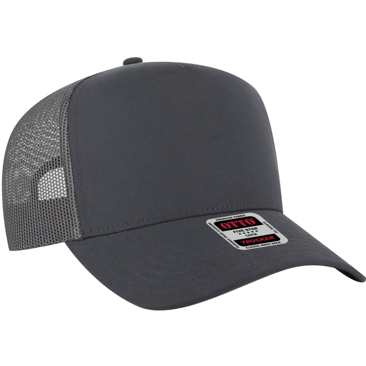 A grey 5 panel mid-profile trucker cap featuring a mesh back and a branding logo.