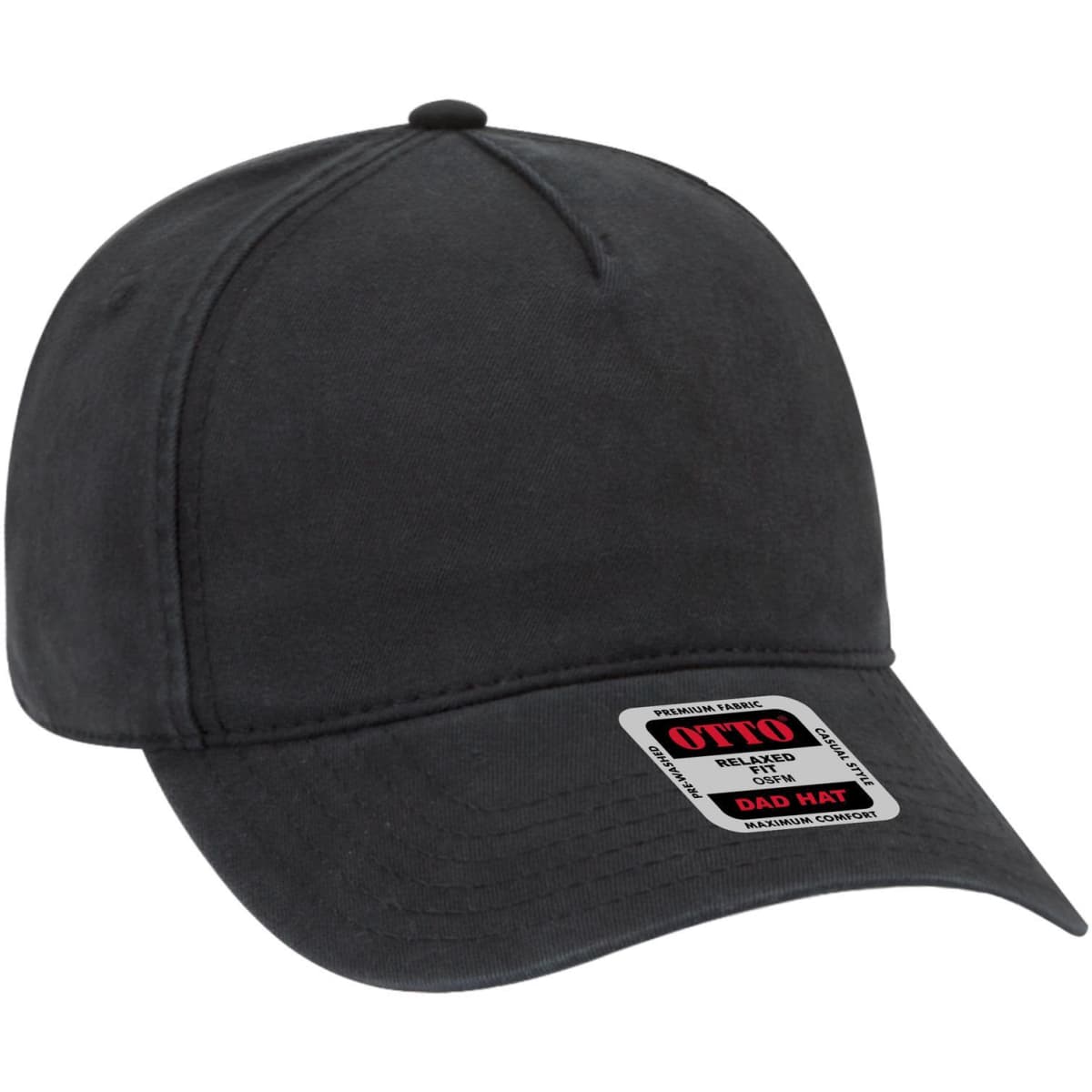 A black 5 Panel Low Profile Dad Cap with a curved brim and a logo patch on the front.