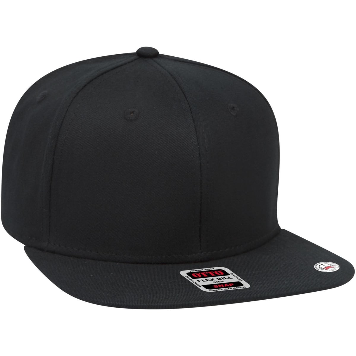 A black 6 panel mid profile snapback cap with a flat peak and a branded tag.