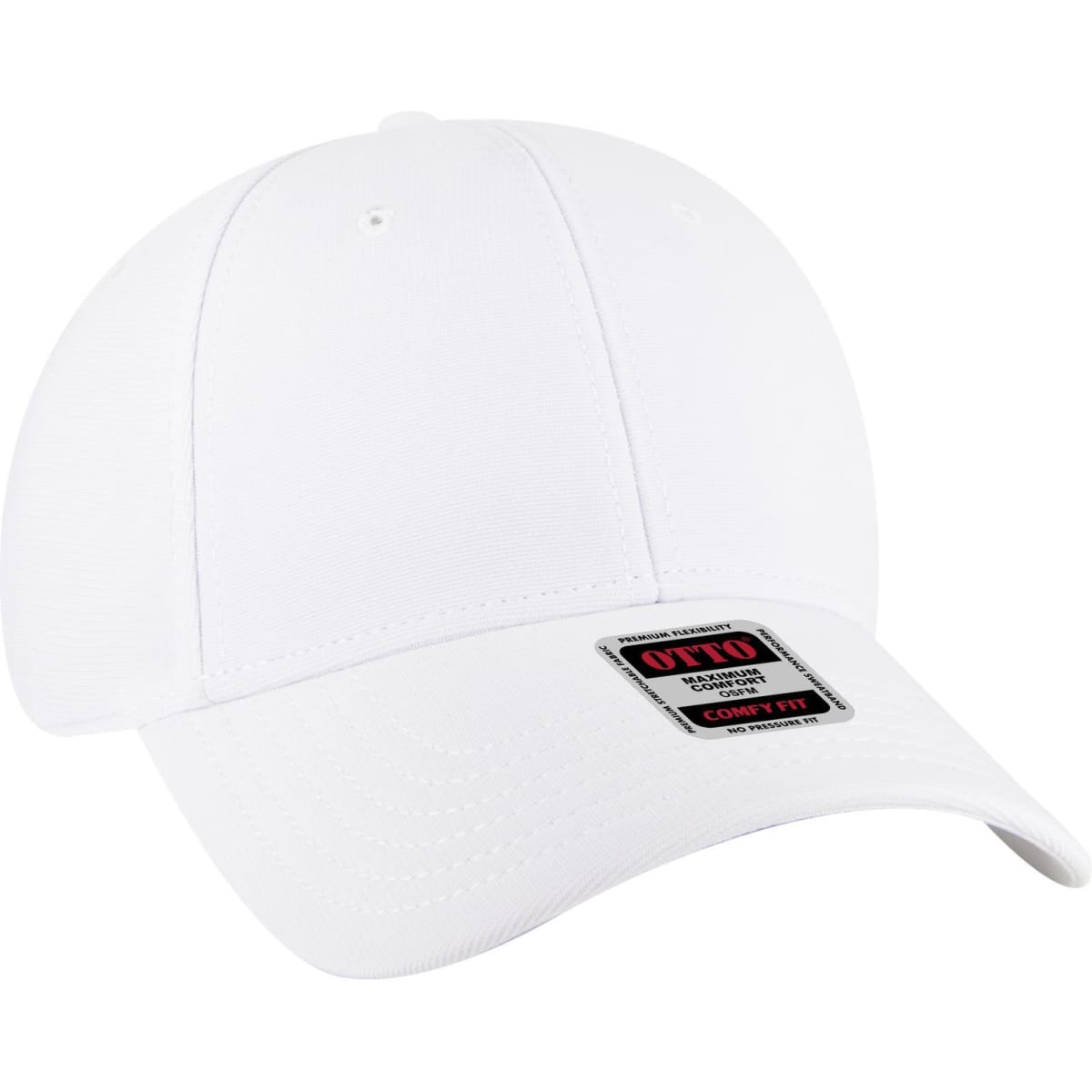 A white six-panel low profile baseball cap with a logo on the front.