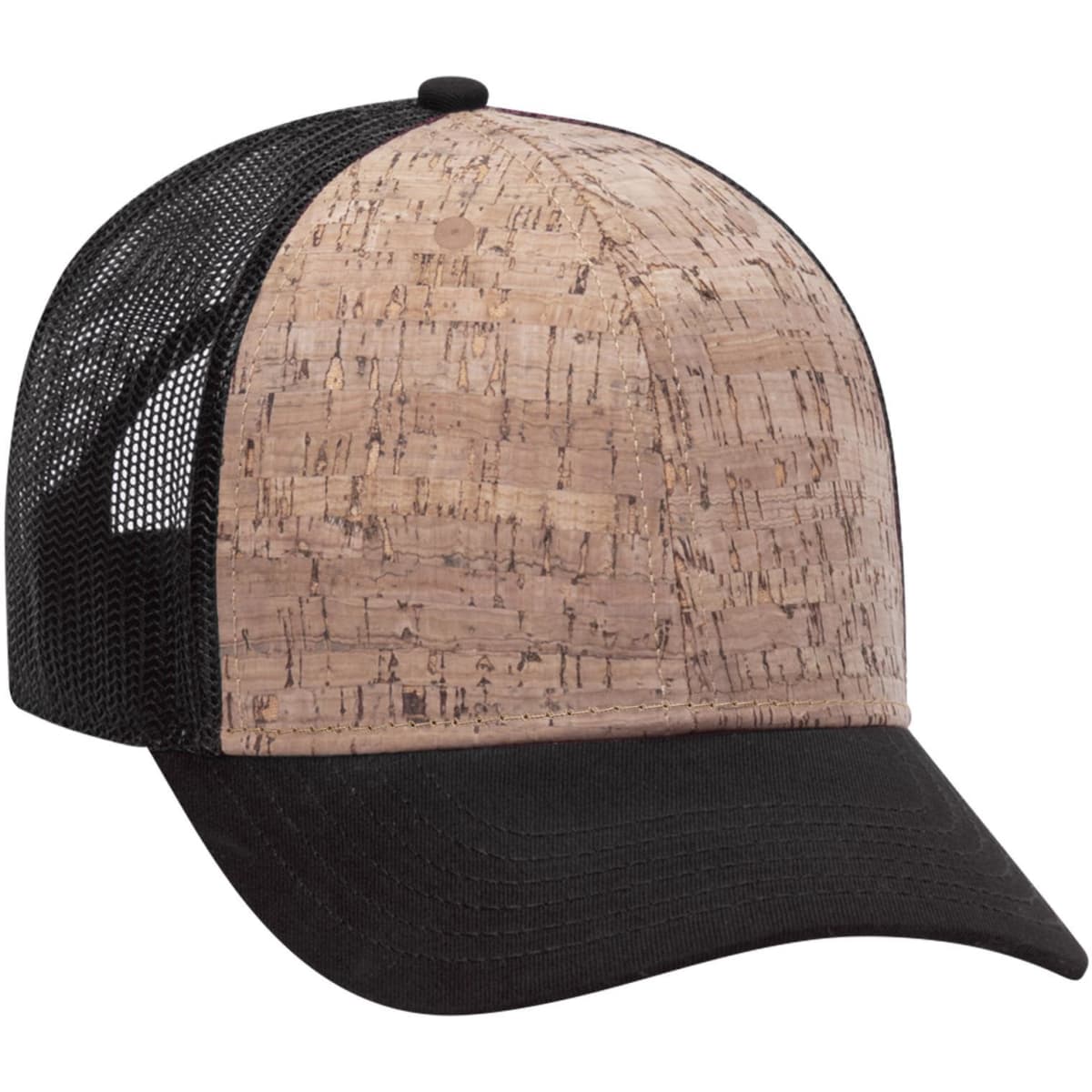 A 6 panel low profile trucker cap with a cork-patterned front and black mesh sides and brim.