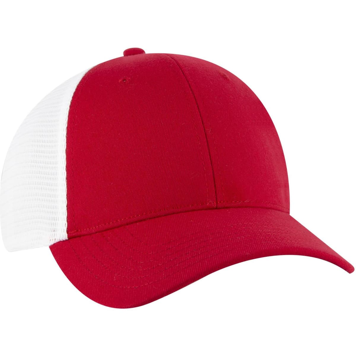 A red and white Flex Fit 6 Panel Low Profile Trucker Cap featuring a solid front and mesh back, with a logo.