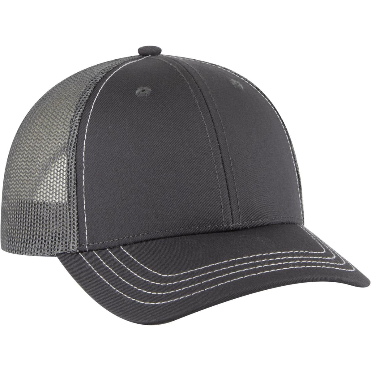 A dark grey six-panel low profile trucker cap with mesh side panels and contrasting stitching. It features a logo.