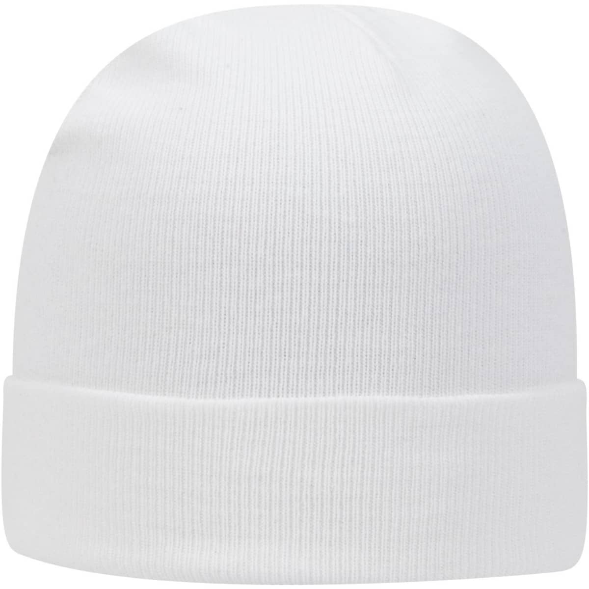 A white classic knit beanie with a ribbed texture and a folded cuff, featuring a logo.