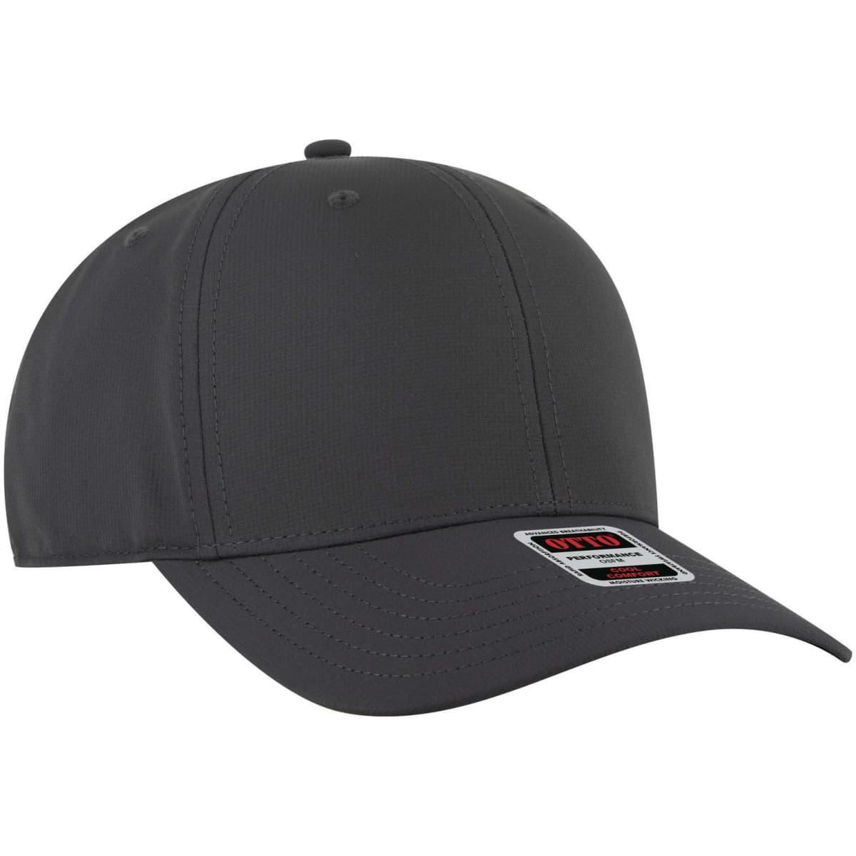A grey mid profile baseball cap with a six-panel design and a logo on the front.
