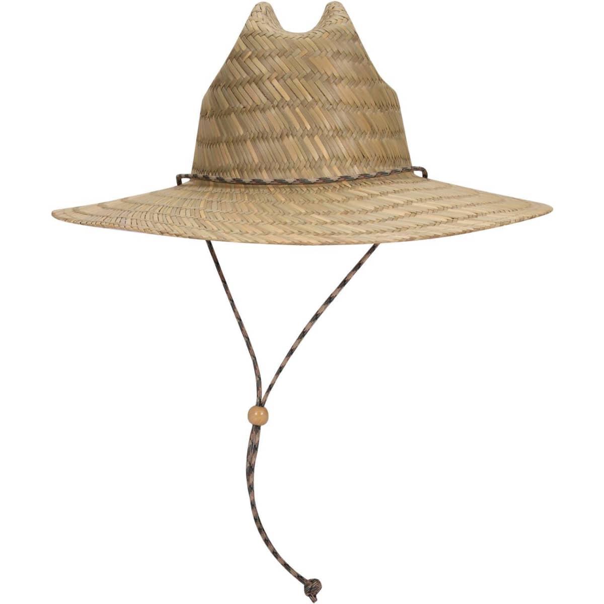 A straw lifeguard hat with an adjustable cord, featuring a pointed design and neutral tones.