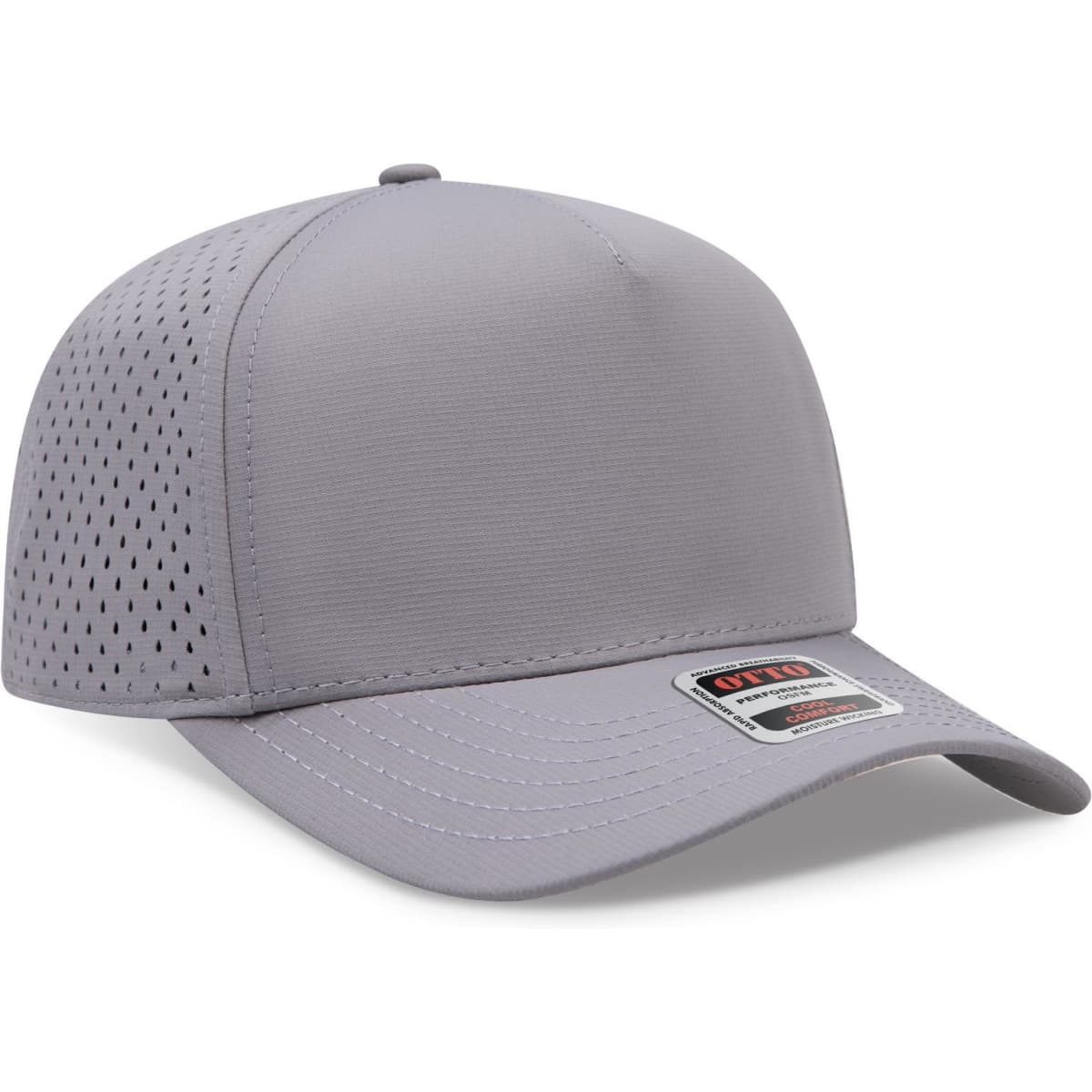 A grey 5-panel mid profile baseball cap with a perforated design and a logo on the front.