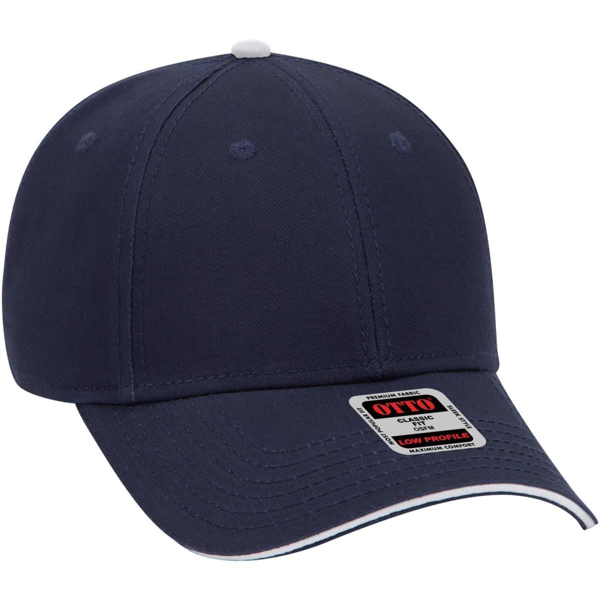 A navy blue 6 panel low profile baseball cap with a white button on top and a logo on the front.