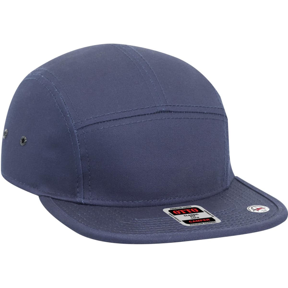 A 5-panel camper hat in navy blue featuring a structured design and branding on the side.