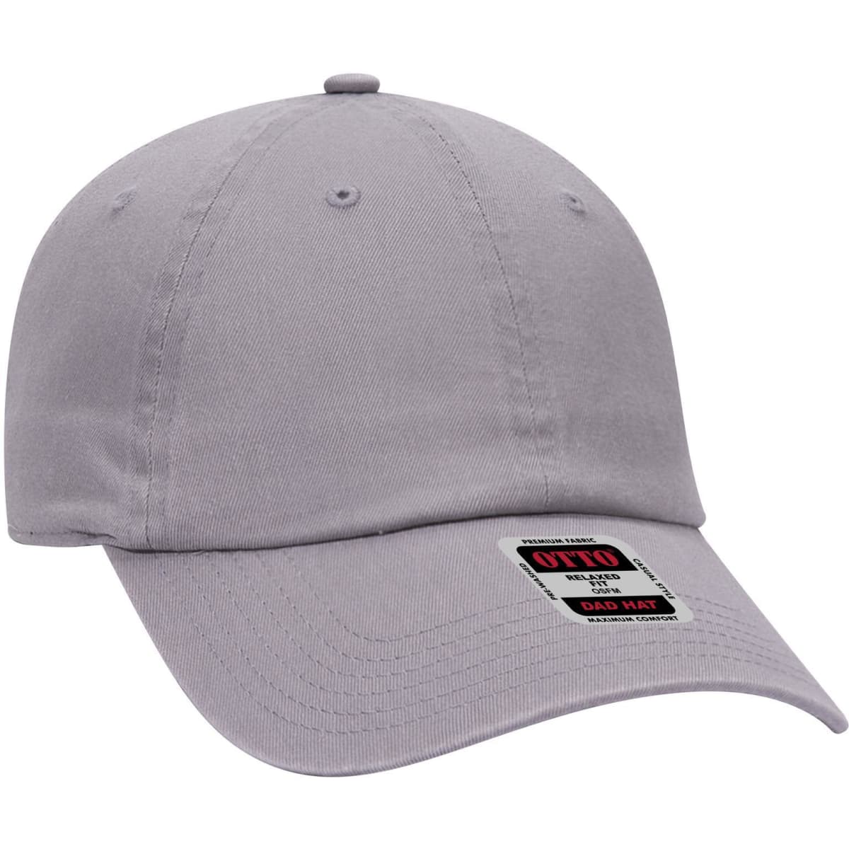 A grey 6 panel low profile dad cap with a logo on the front.