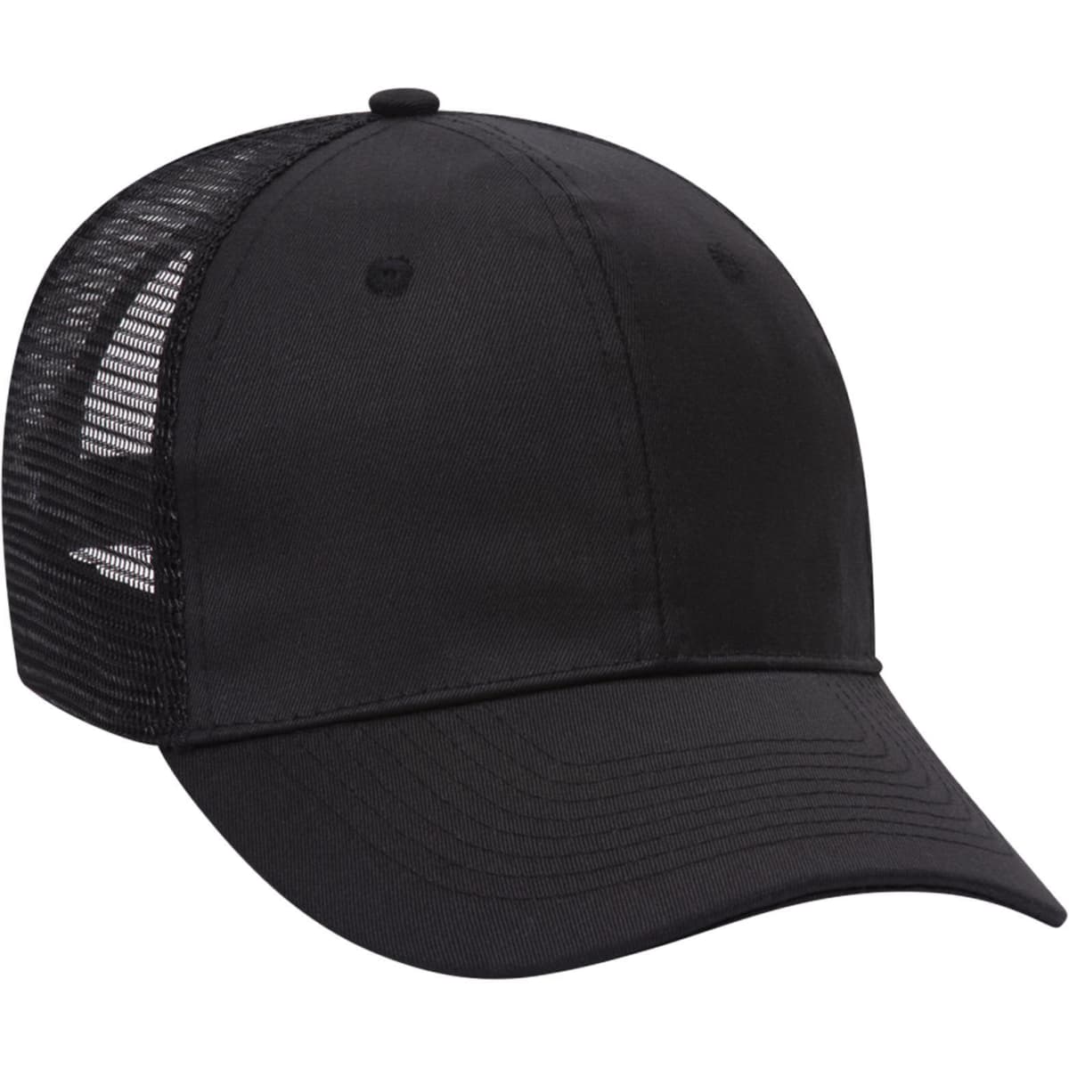 A black 6 panel mid-profile trucker cap with a mesh back and a logo on the side.