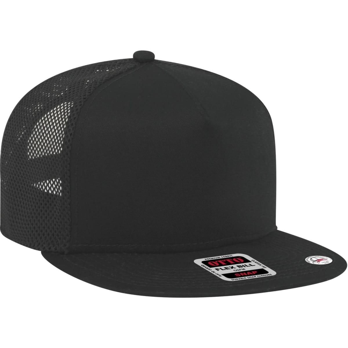 A black 5 panel mid profile trucker cap with a mesh back and a label, showcasing a sleek and modern design.