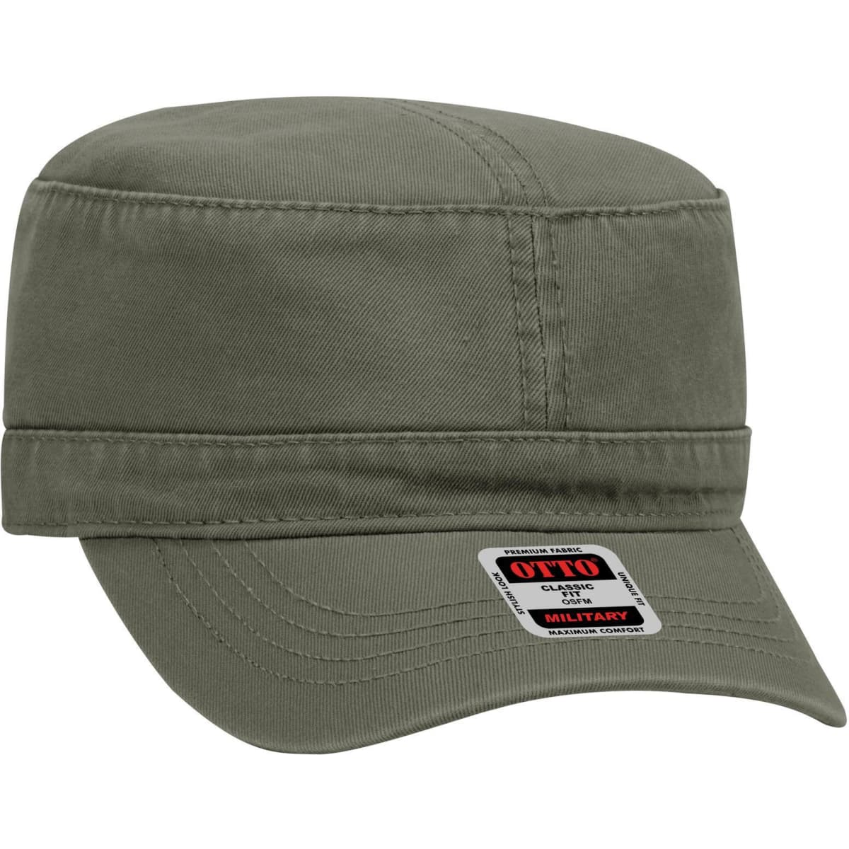 An olive green military hat with a structured crown and a flat brim, featuring a logo on the side.