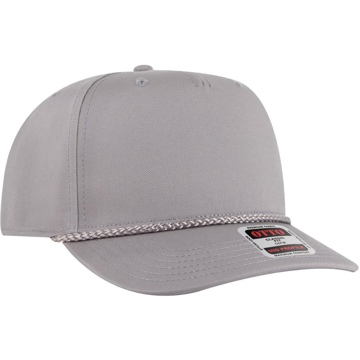 A grey 5 panel mid profile baseball cap featuring a braided accent and a logo on the front.