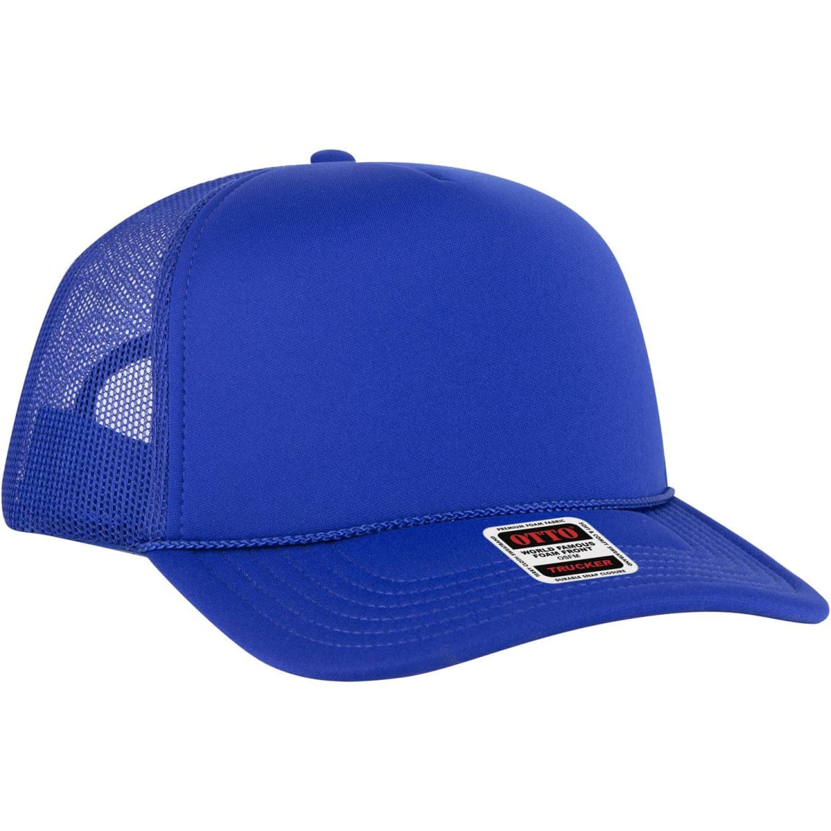 A blue 5 panel high crown trucker cap with a mesh back and a branded label on the front.
