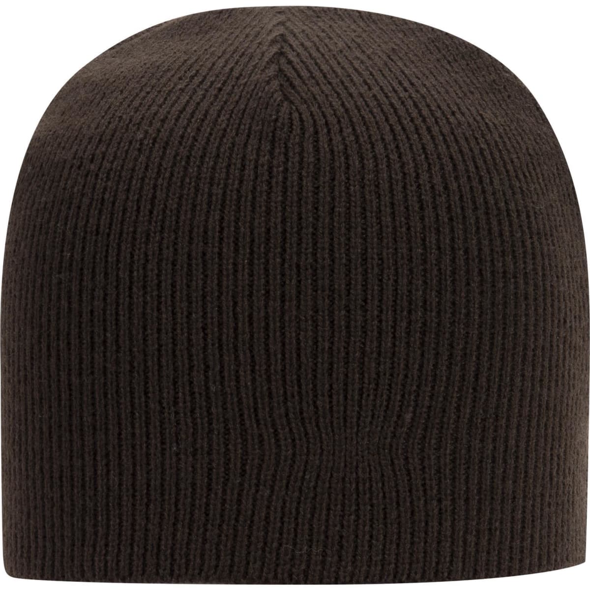 A brown knit beanie with a classic ribbed pattern, featuring a logo on the side.