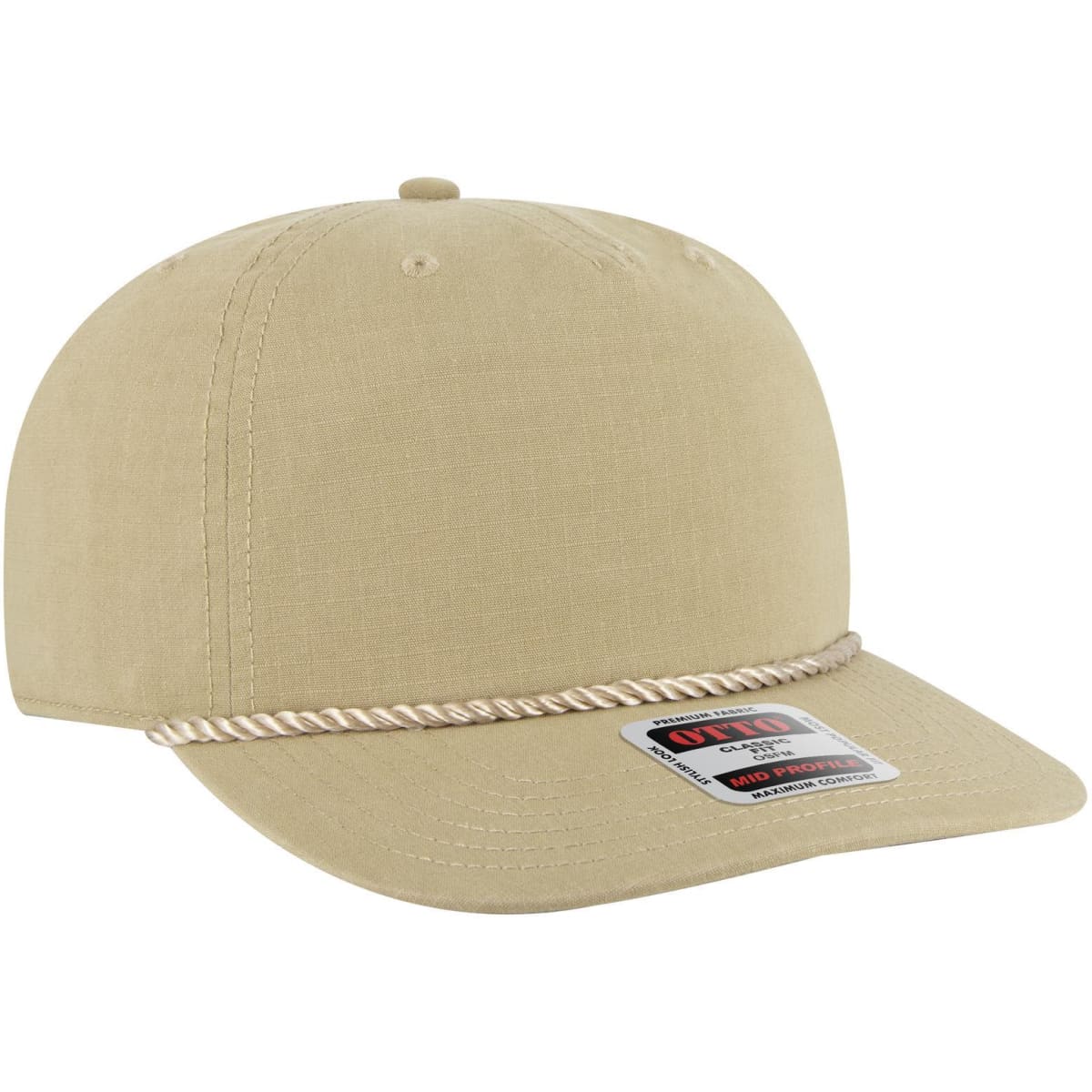 A beige 5 panel mid-profile baseball hat with a rope detail and a logo on the front.