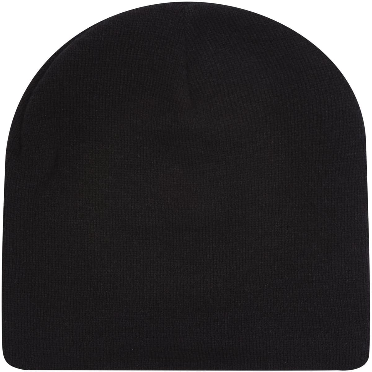 A black knit beanie with a rounded top and a snug fit, featuring a logo on one side.